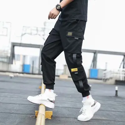 Men Side Pockets Cargo Harem Pants 2021 Ribbons Black Hip Hop Casual Male Joggers Trousers Fashion Casual Streetwear Pants