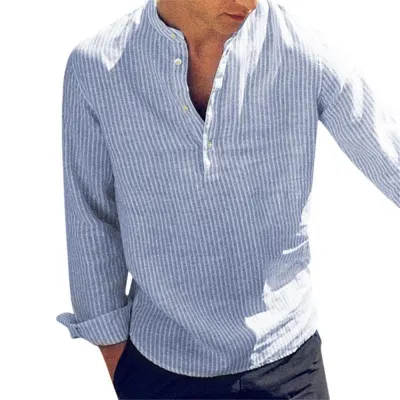 Helisopus 2021 New Cotton Long Sleeve Mens Shirts Spring Autumn Striped Slim Fit Stand Collar Shirt Male Clothes Plus Size 5XL