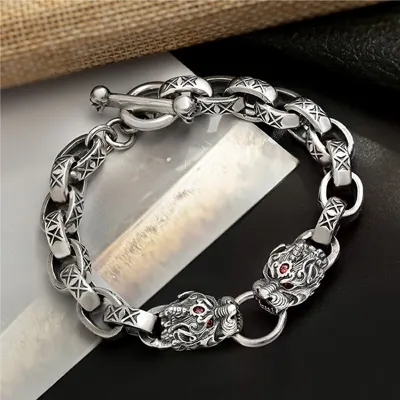 RetroSen New Silver Men Bracelet Bangle Double Dragon Head Punk Fashion Trend Domineering Jewelry Pulseras Jewelry Accessory