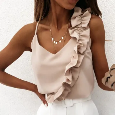 Laamei Women Summer Blouse Shirts Sexy V Neck Ruffle Blouses Backless Spaghetti Strap Office Ladies Sleeveless Casual Tops
