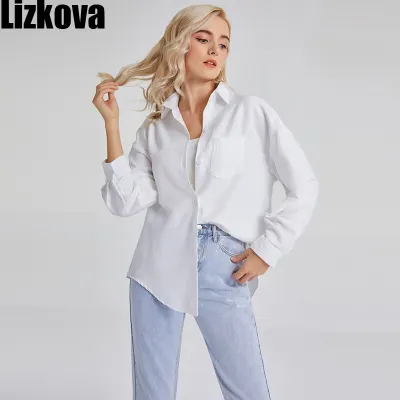 Lizkova White Blouse Women 2021 Long Sleeve Oversized Green Shirt Female Spring Pocket Official Tops Blusas Roupa 8866