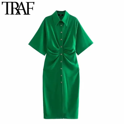 TRAF Women Chic Fashion Button up Draped Midi Shirt Dress Vintage Short Sleeve Side Zipper Female Dresses Vestidos