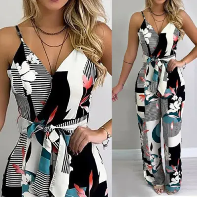 Summer Women Casual Sleeveless V Neck Jumpsuits Ladies Boho Floral Bodysuit Wide Leg Loose Long Pants Trousers Plus Size