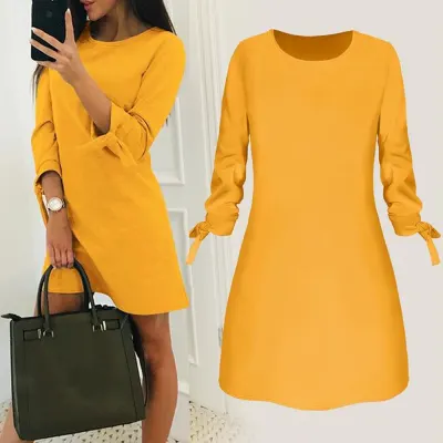 Women's Dress Fashion O neck Solid Bow Long Sleeves Elegant Straight Dress Spring Loose Mini Dresses Vest