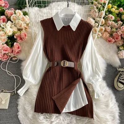 spring autumn women s lantern sleeve shirt knitted vest two piece sets of College style waistband vest two sets top UK900