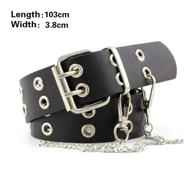 Fashion Harajuku Women Punk Chain Belt Adjustable Black Double Single Eyelet Grommet Metal Buckle Leather Waistband For Jeans
