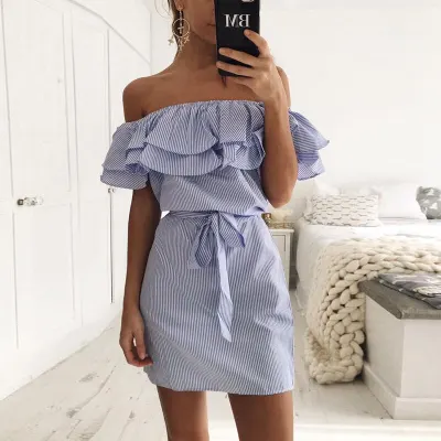 Woman Summer Dress 2021 Low Cost Mileage Ali Express off the Shoulder Striped A Spot Dresses For Women Vestidos YRW6806