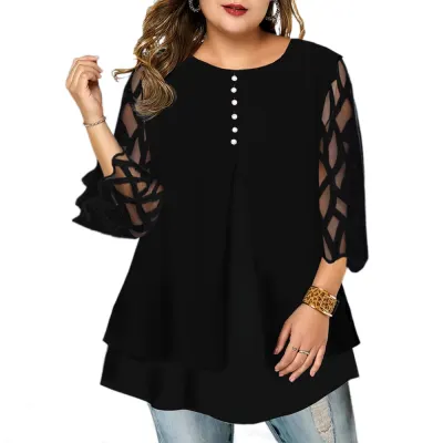 6XL Geometric Translucent Sleeve Plus Size Blouse Casual Button Women's Tops Blouses Ruffled Long Sleeve Shirts Blusas D25