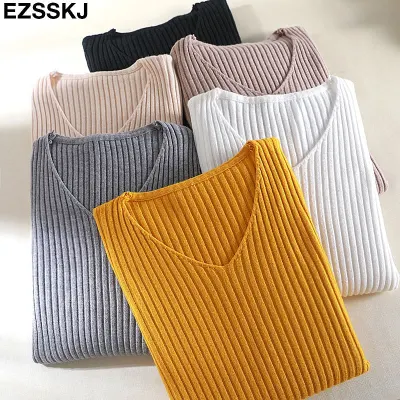 basic v neck solid autumn winter Sweater Pullover Women Female Knitted sweater slim long sleeve badycon sweater cheap