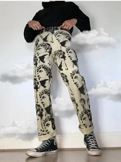 New Printed Statuary Jeans Loose Straight Men Denim Biker Casual Pants Hip Hop Man Jean Hombre Pantalon Artistic Work Size S 3XL