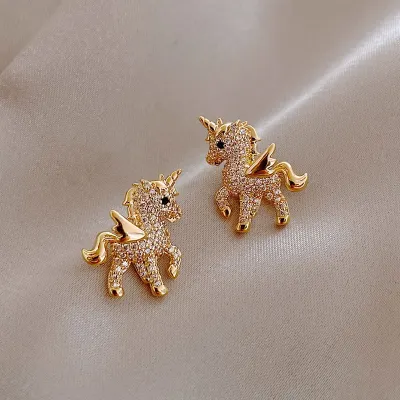 Cute Unicorn Stud Earrings for Women Fairy Animal Gold Cubic Zirconia Earrings Girls Birthday Party Gift Jewelry Pendientes
