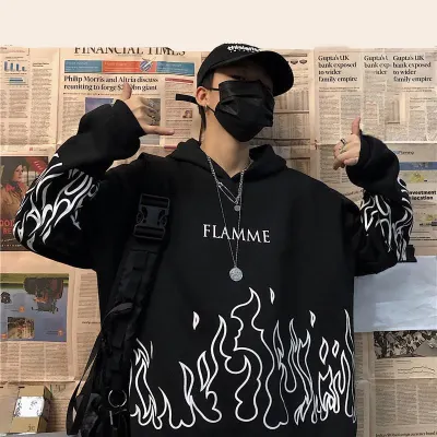 Street wear ladies flame print pullover hoodie oversized Harajuku style hoodie plus size winter sweatshirt Korean streetwear top