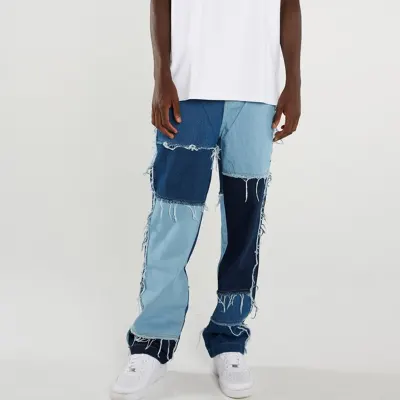 Men Wash Splice Casual Straight Tassel Patchwork Jeans Trousers Male Fashion Streetwear Loose Hip Hop Denim Full Length Pants