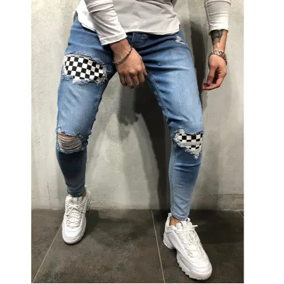 New Fashion Men's Jeans Spliced Ripped Denim pants pencil Jeans Slim Patch Pants Plaid Pants Elastic waistline S 3XL