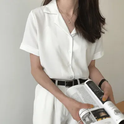 Summer Blouse Shirt For Women Fashion Short Sleeve V Neck Casual Office Lady White Shirts Tops Japan Korean Style