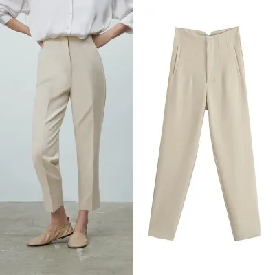 Za 2021 Spring Trouser Suits High Waisted Pants Women Fashion Office Beige Pants Chic Button Zip Elegant Pink Casual Woman Pants