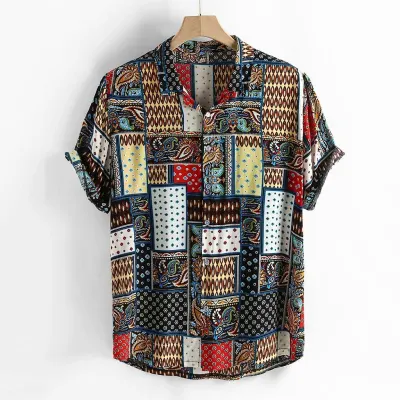 Mens Vintage Ethnic Style Printing Loose Short Sleeve Stand Collar Casual Shirt daily wearing high quality office big blouse
