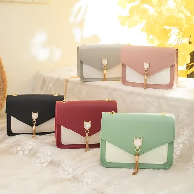 Womens Korean Style Hardware Tassel Pu Shoulder Bag Contrast Color Purse Small Bag Patched Patched Simple Elegant Outdoor Bag