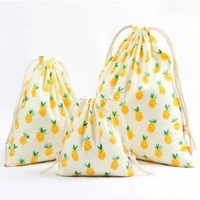 3 Size Fruit Design Printed Drawstring Bag Pocket Storage Pouch Pineapple Pattern Backpack Women Cotton Fabric Bags