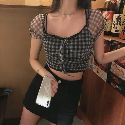 Summer New Plaid Blouse Women Retro Square Collar Shirt Casual Lace Chiffon Puff Sleeve Crop Tops Female Korea Clothing
