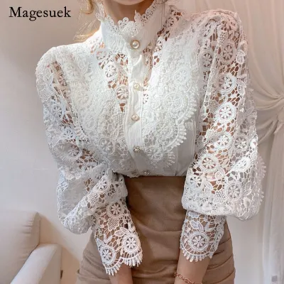 Petal Sleeve Stand Collar Hollow Out Flower Lace Patchwork Shirt Femme Blusas All match Women Blouse Chic Button White Top 12419