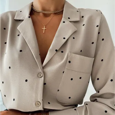 Pockets Polka Dot Printed Casual Women Blouse Ladies Long Sleeve Turn Down Collar Office Work Fashion 2020 Autumn Tops