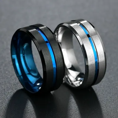 Men's fashion 8MM Black Brushed Ladder Edge Stainless Steel Ring Blue Groove Men Wedding Ring Gifts For Men