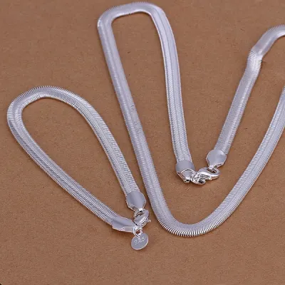 wholesale 925 Sterling silver necklace bracelets jewelry Set 6MM flat soft snake chain fashion Silver women Mens wedding