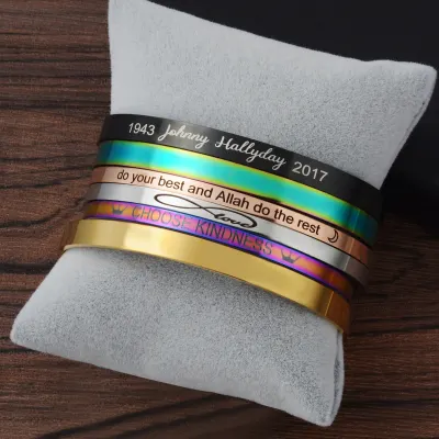 4mm Width Stainless Steel Cuff Bracelet with Hollow Out Heart Custom Stamp Text Symbols Bangle Personalized Gift for Women Men