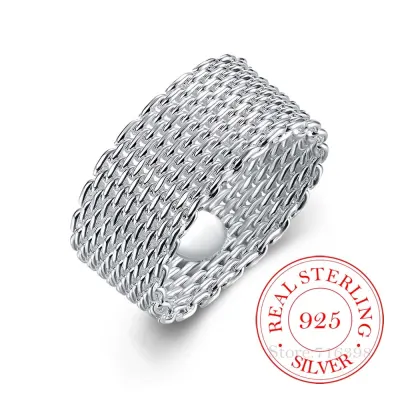 100 925 Sterling Silver Rings for Women Silver Weaving Wide Ring Wholesale Personality Fashion OL Woman Girl Party Wedding Gift