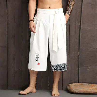 Chinese Style Cotton Linen Harem Jogger Pants Men Calf length Summer Men Sweatpants Casual Wide Leg Trousers Men