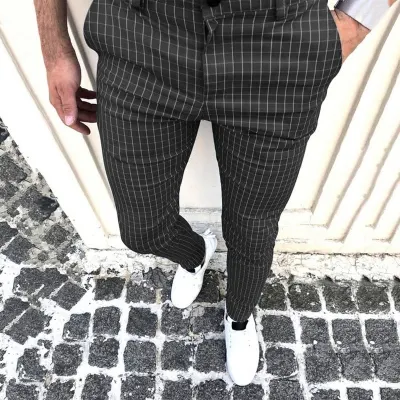 Adisputent Men's Plaid Pants Casual Elastic Long Trousers Cotton Solid Color Skinny Work Pant for Male Classic Clothing Jogging