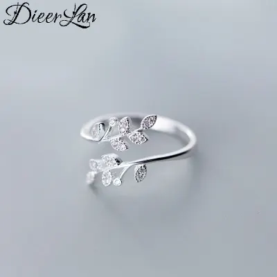 DIEERLAN Personality Silver Color Crystal Leaf Rings For Women Wedding Jewelry Adjustable Antique Finger Ring Anillos