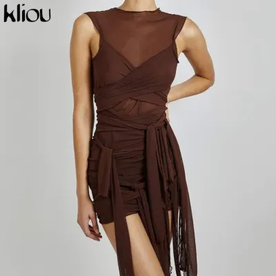 Kliou Ribbons Mesh See Through Bodycon Party Dresses Women Sexy Clubwear Mini Dress Solid Sleeveless Basic Female платье Outfits