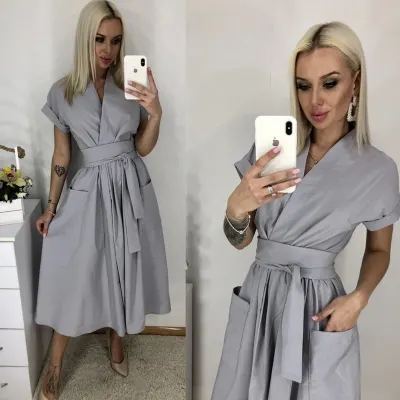 Office Lady Women Casual Sashes A Line Dress Ladies Short Sleeve V Neck Summer Dress 2021 Fashion Midi Party Dress Vestidos
