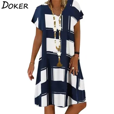 Summer Lattice Print Casual Dress Women's V neck Short Sleeve Vintage Dresses For Women Plus Size Beach Boho Loose Midi Dress