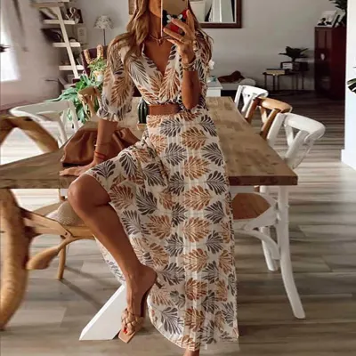 Summer Beach Women Casual Bohemian Short Sleeve Loose High Waist Print Dress Bohemian Style Printing Pleated Design Belt Include