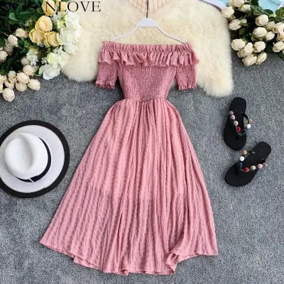 OCEANLOVE Women Summer Dresses Plaid Slash Neck Off Shouder Solid Vestidos 2020 Ruffles A Line High Waist Dress Robe Femme 11767