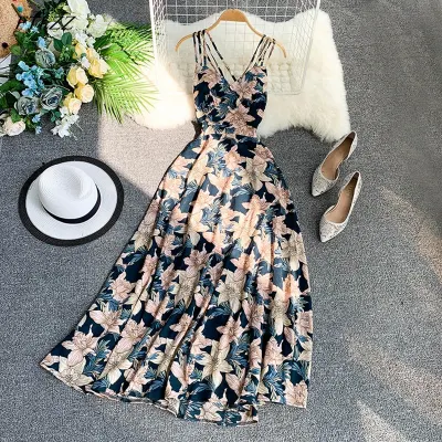 FTLZZ Women Floral Print Dress Summer Sexy V neck Backless Long Dresses Female Elegant Bohemian Party Dress Vestido