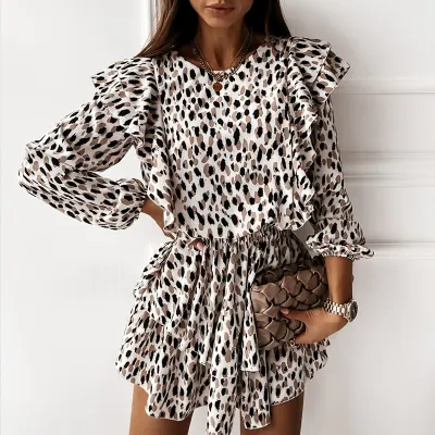 Autumn Cascading Ruffle Floral Dress Women Casual Long Sleeve A Line Leopard Print Dress Boho Female Elegant Mini Party Vestidos