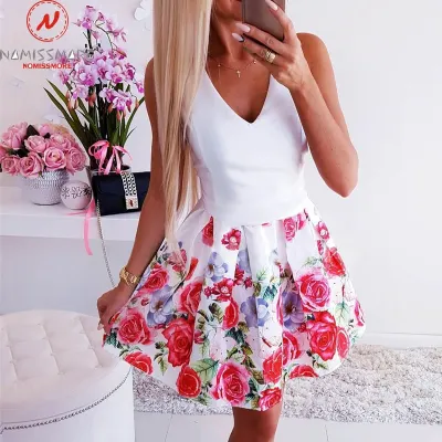 Women Summer Flower Printed A Line Dress O Neck V Neck Sleeveless Mini Dress Elegant Lady Steet wear Party Dress Without Belt