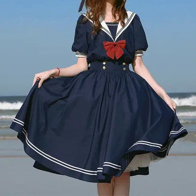 Hara juku Sailor Collar Navy Dress Japanese Lolita Sweet Bow knot Girl Retro Cotton Kawaii Preppy Style Short Sleeve Dress Women