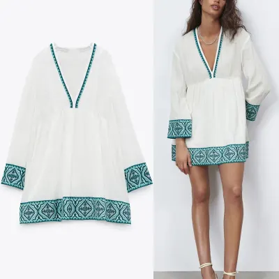 Women Textured Mini Embroidery Dress Za 2021 Patchwork Long Puff Sleeve Vintage Loose Summer Dress Woman Pleated White Dresses
