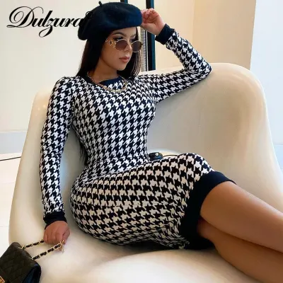 Dulzura Houndstooth Print Women Long Sleeve Midi Dress Hollow Out Bodycon Sexy Streetwear 2020 Autumn Winter Club Elegant Slim