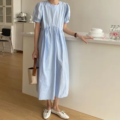 Alien Kitty Vintage Lantern Sleeves Irregular Pleated High Quality 2021 Casual Summer Solid Women All Match Stylish Long Dress