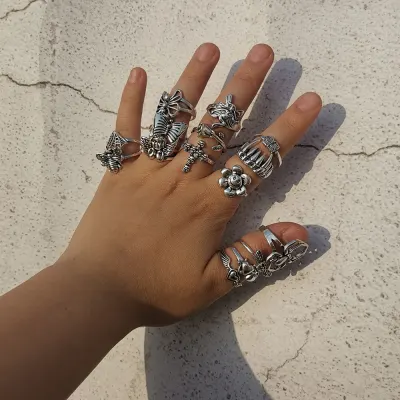 Lost Lady Stylish New Skull Heart Flower Angel Rings for Women Hip Hop Exaggerated Silver Color Finger Rings Wholesale Jewelry