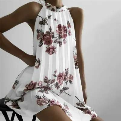 Fashion Women Boho Beach Summer Sleeveless Halter Floral Dress Elegant Off Shoulder Loose Sundress Ladies Dames Streetwear