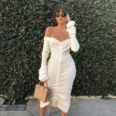 Front Trekkoord Sexy Bandage Jurken Slash Hals Lange Mouwen Club Party Dress Herfst Winter Off Shoulder Jurk