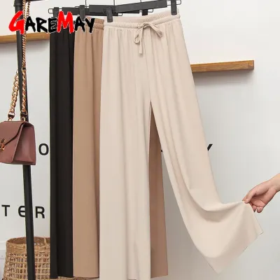 Slacks Women's Loose Summer Pants Soft Ice Silk Ankle Length Black Wide Leg Pants Grey Khaki Women High Waisted Trousers