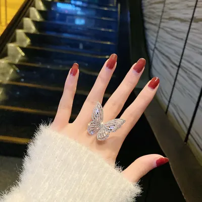 New design fashion jewelry opening high grade copper inlaid zircon butterfly ring luxury shiny cocktail party ring for women